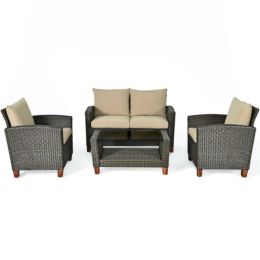 Patio Garden Outdoor Rattan Furniture Set With Cushions  4 Pce Set