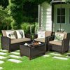 Patio Garden Outdoor Rattan Furniture Set With Cushions  4 Pce Set