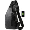 Men Chest Bag PU Leather Sling Fanny Pack Shoulder Backpack w USB Charging Port