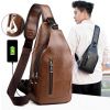 Men Chest Bag PU Leather Sling Fanny Pack Shoulder Backpack w USB Charging Port